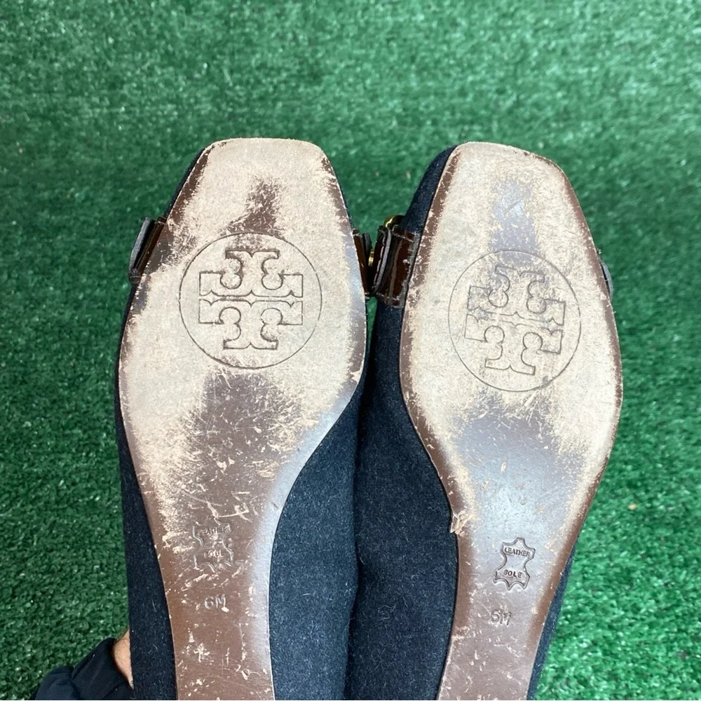 Tory Burch Black Flannel‎ “Martha” Flats Chain Link Womens Size 6 M